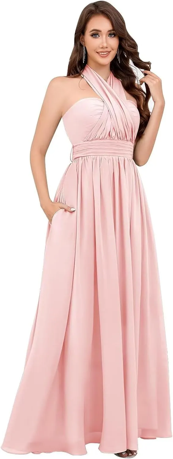 Infinity Chiffon Bridesmaid Dresses for Women 2024 Long Streamers Halter Strapless Ruched Formal Gown with Pockets