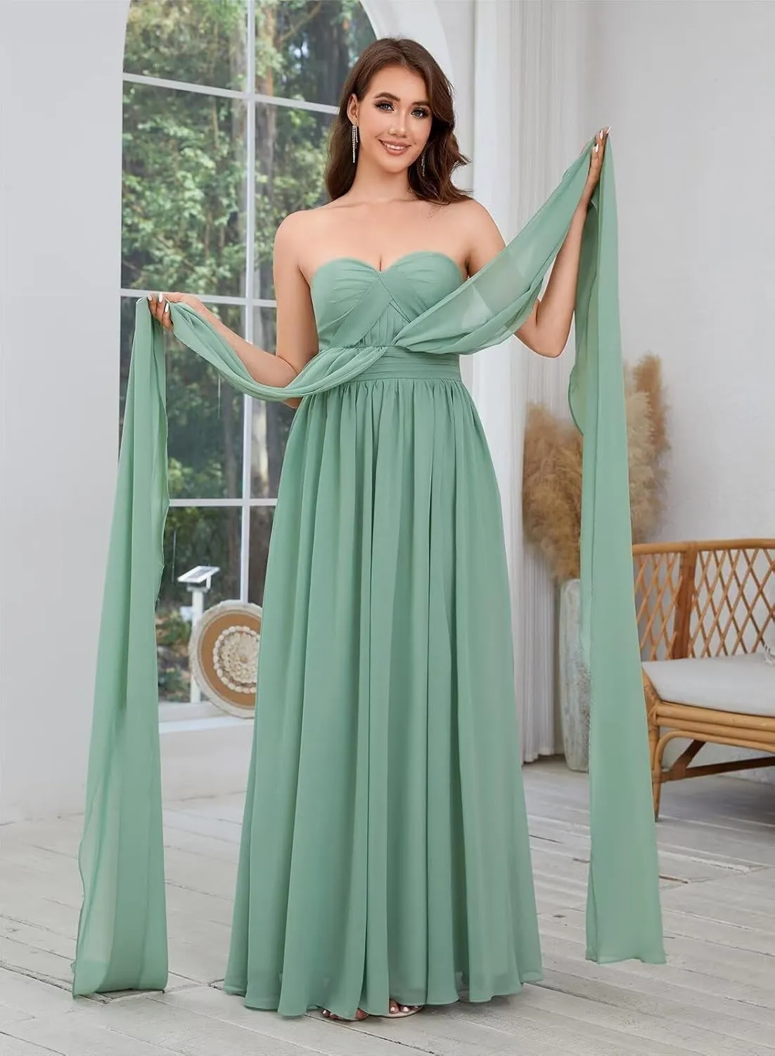 Infinity Chiffon Bridesmaid Dresses for Women 2024 Long Streamers Halter Strapless Ruched Formal Gown with Pockets