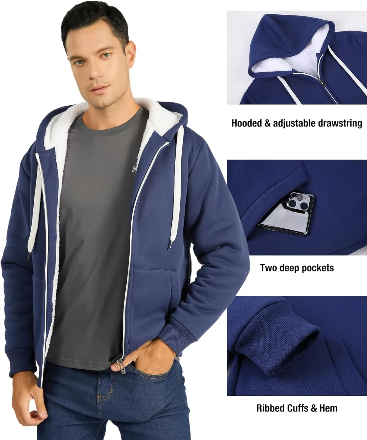 JACKETOWN Men Zip Up Hoodies Winter Fleece Jackets Coat Heavyweight Sherpa Lined Sweatshirt with Pockets