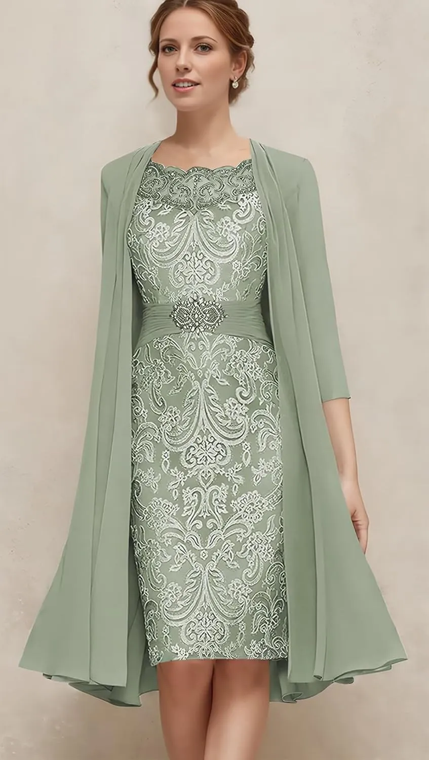 Jamille 2 Pieces Mother of The Bride Dress with Jacket Beaded Lace Appliques Evening Dress Chiffon 3/4 Sleeves JA0107