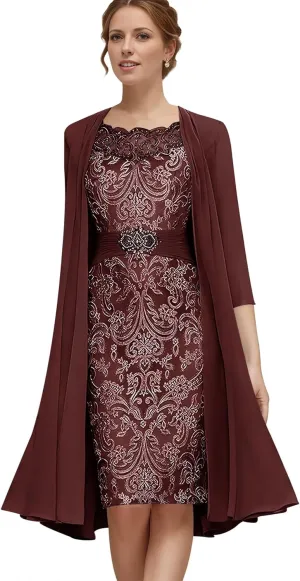 Jamille 2 Pieces Mother of The Bride Dress with Jacket Beaded Lace Appliques Evening Dress Chiffon 3/4 Sleeves JA0107