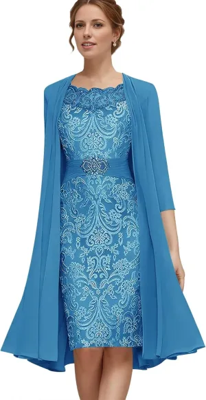 Jamille 2 Pieces Mother of The Bride Dress with Jacket Beaded Lace Appliques Evening Dress Chiffon 3/4 Sleeves JA0107
