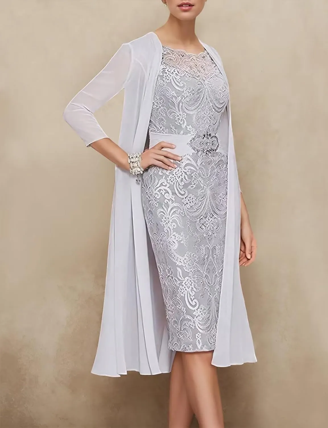 Jamille 2 Pieces Mother of The Bride Dress with Jacket Beaded Lace Appliques Evening Dress Chiffon 3/4 Sleeves JA0107