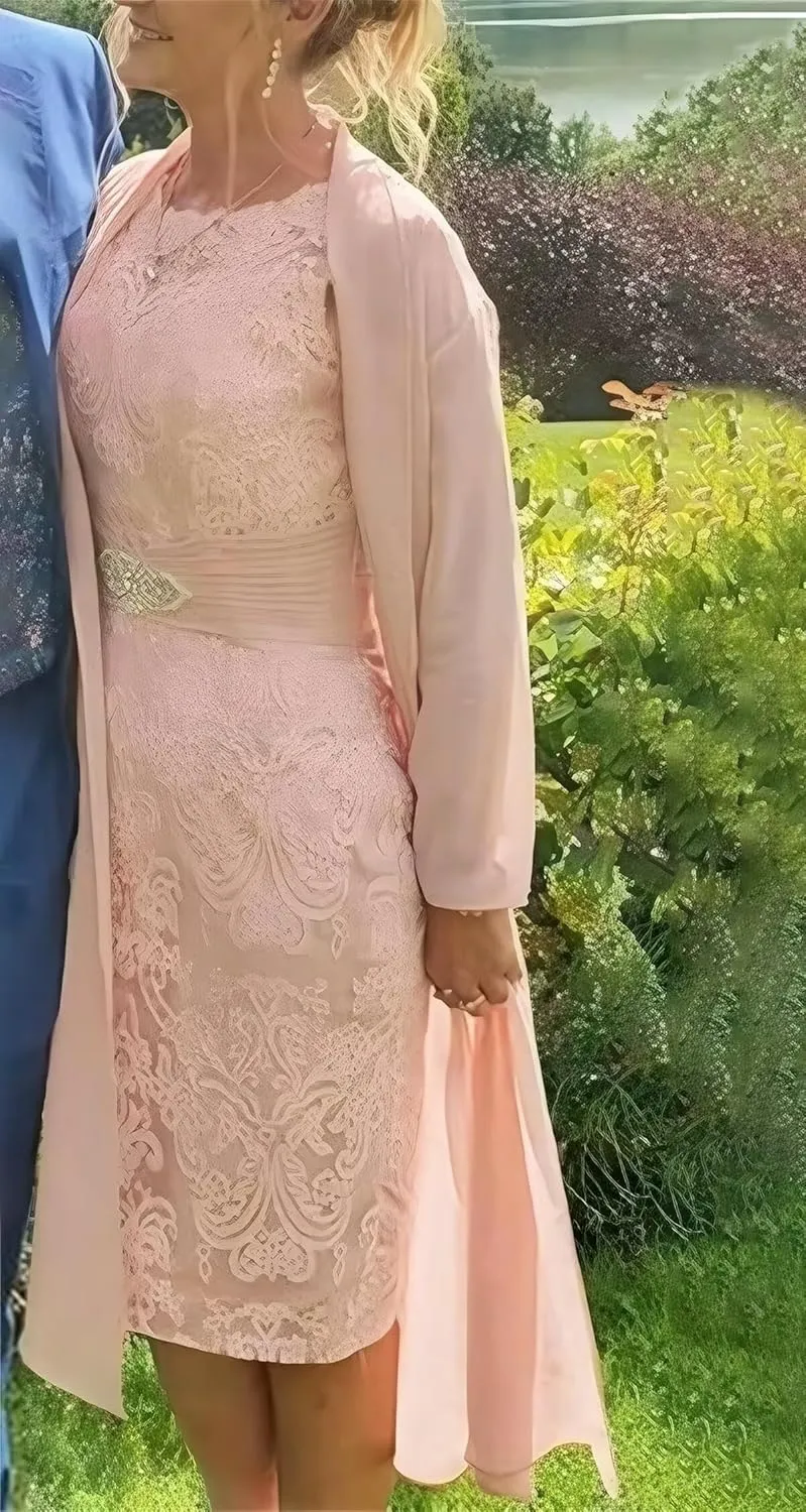 Jamille 2 Pieces Mother of The Bride Dress with Jacket Beaded Lace Appliques Evening Dress Chiffon 3/4 Sleeves JA0107