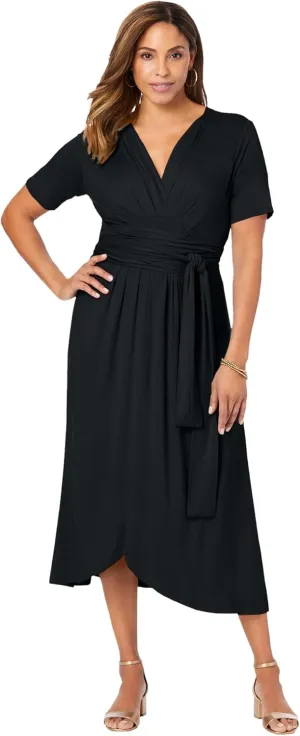 Jessica London Women's Plus Size Stretch Knit Tie-Waist Midi Dress