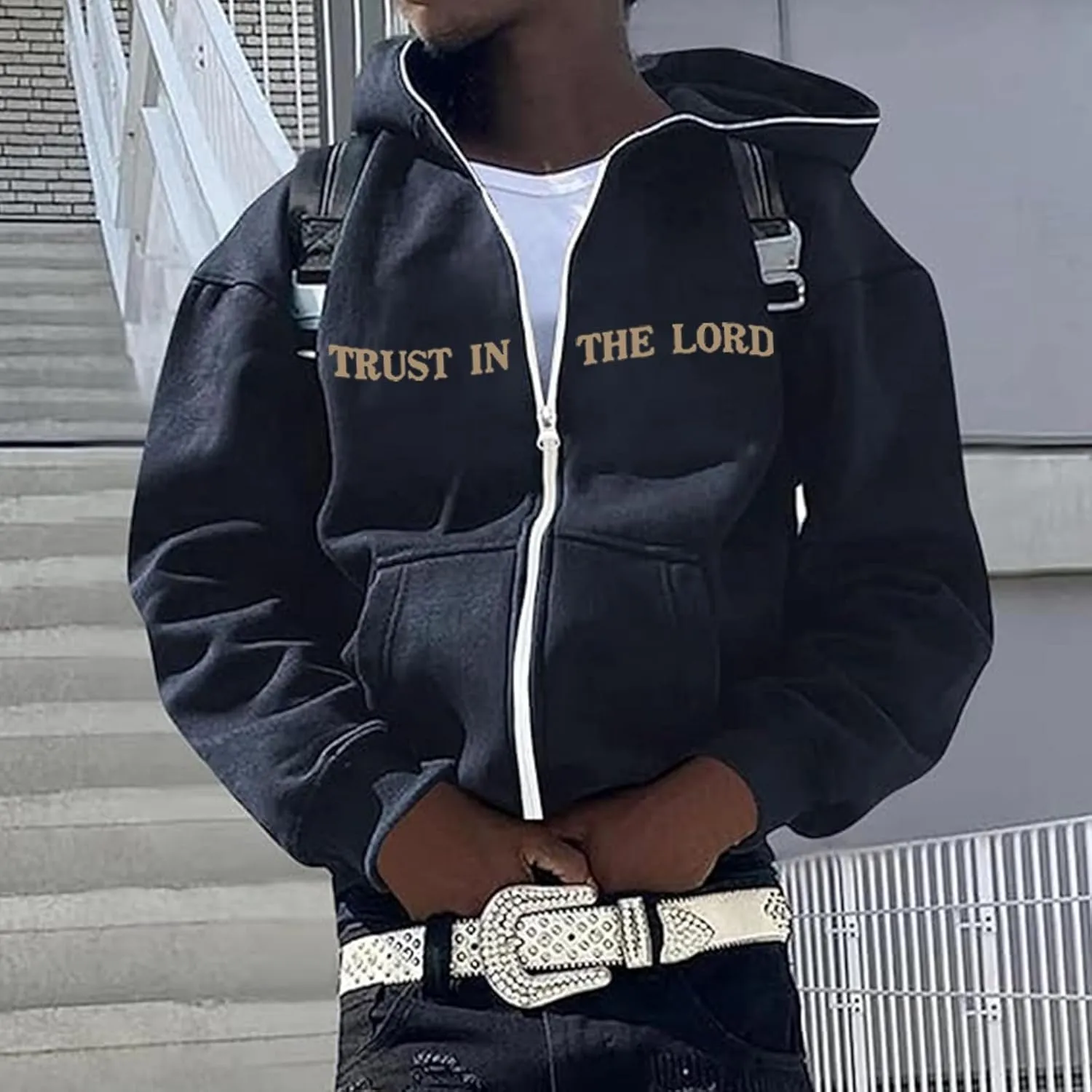 Jesus Loves You Zip Up Hoodie Men Trust in The Lord Sweatshirt Letter Print Preppy Coat Long Sleeve Jacket