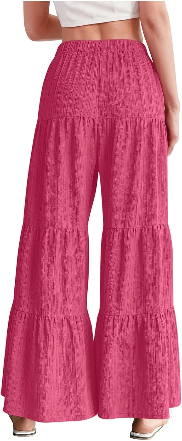 JOAU Women's Flowy Boho Elastic High Waist Ruffle Hem Wide Leg Beach Loose Palazzo Pants Summer Baggy Tiered Flared Trousers