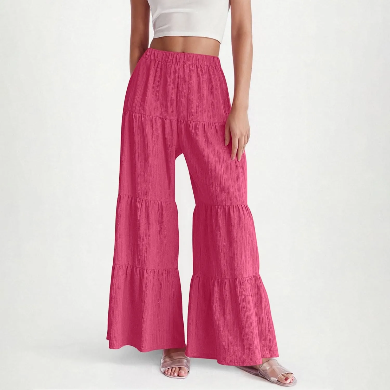 JOAU Women's Flowy Boho Elastic High Waist Ruffle Hem Wide Leg Beach Loose Palazzo Pants Summer Baggy Tiered Flared Trousers