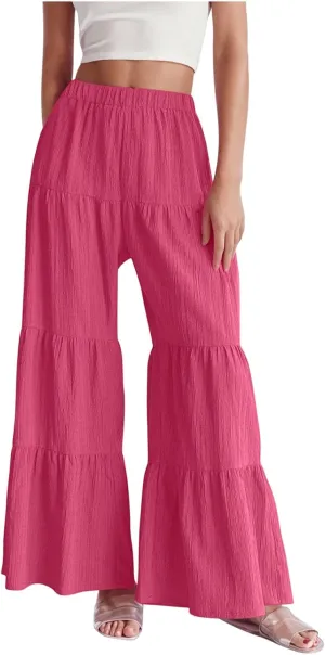 JOAU Women's Flowy Boho Elastic High Waist Ruffle Hem Wide Leg Beach Loose Palazzo Pants Summer Baggy Tiered Flared Trousers