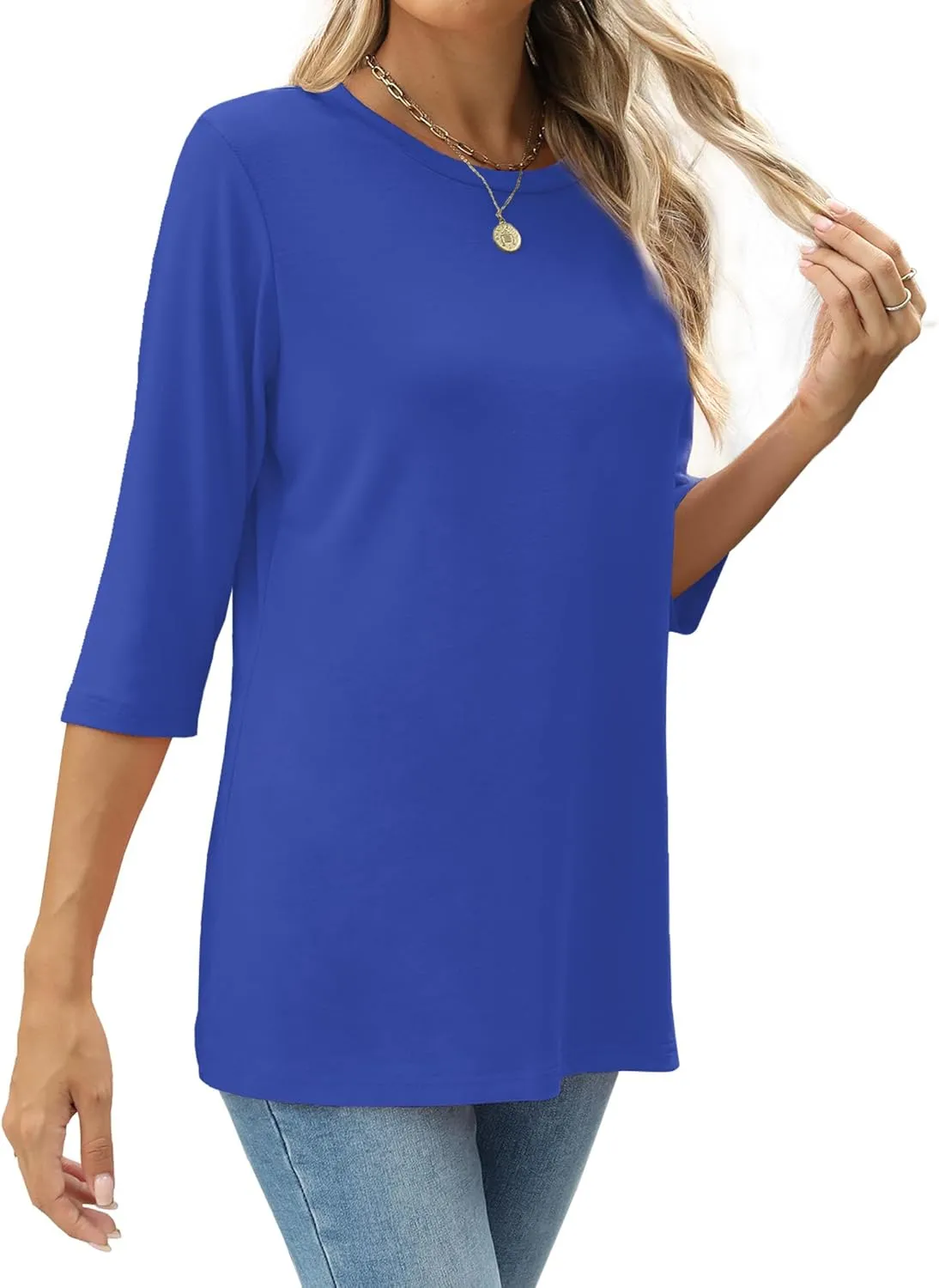 JomeDesign Womens Tops 3/4 Sleeve Shirts Round Neck Loose Casual Blouses Solid Color Tshirts