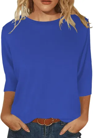 JomeDesign Womens Tops 3/4 Sleeve Shirts Round Neck Loose Casual Blouses Solid Color Tshirts