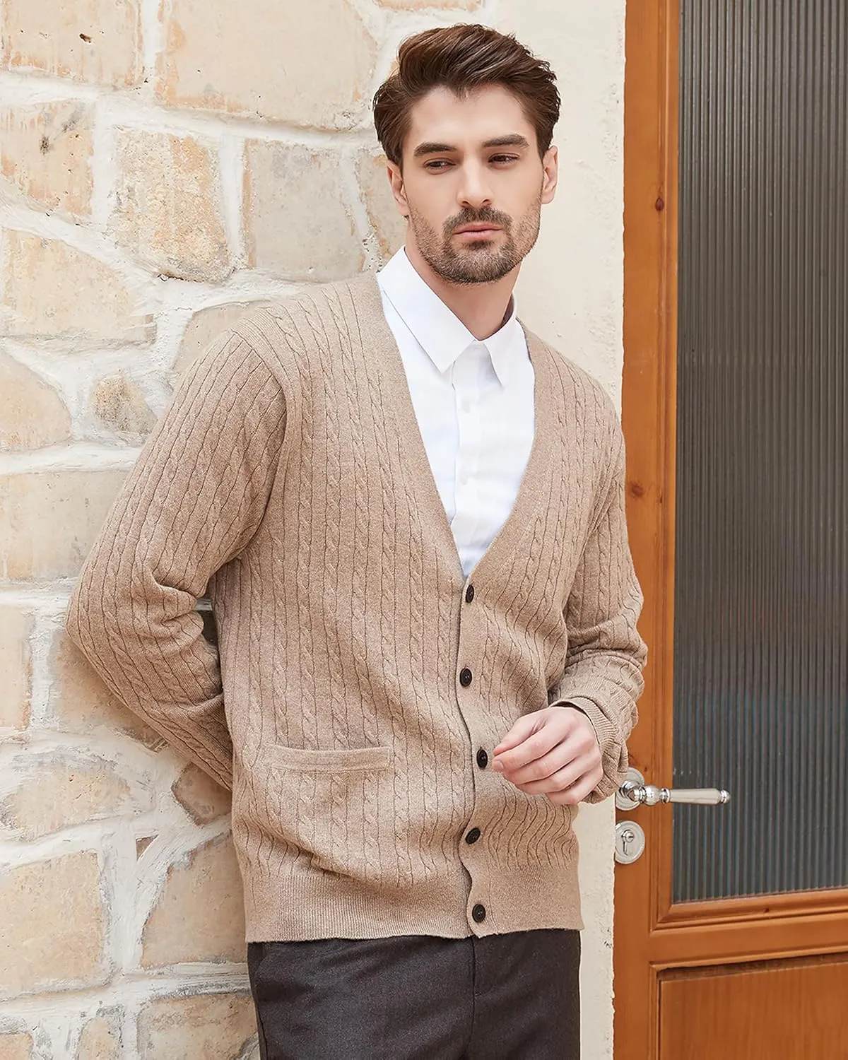Kallspin Men's Cardigan Sweater Wool Blend Cable Knit V Neck Buttons Cardigan with Pockets