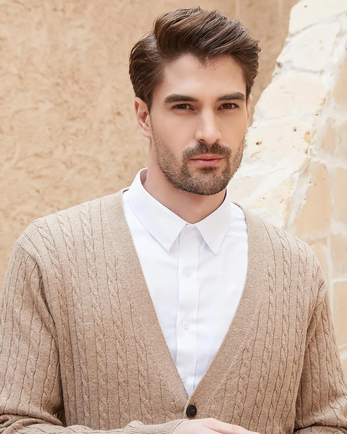 Kallspin Men's Cardigan Sweater Wool Blend Cable Knit V Neck Buttons Cardigan with Pockets