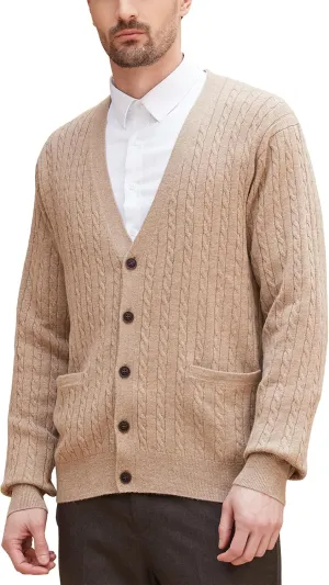 Kallspin Men's Cardigan Sweater Wool Blend Cable Knit V Neck Buttons Cardigan with Pockets