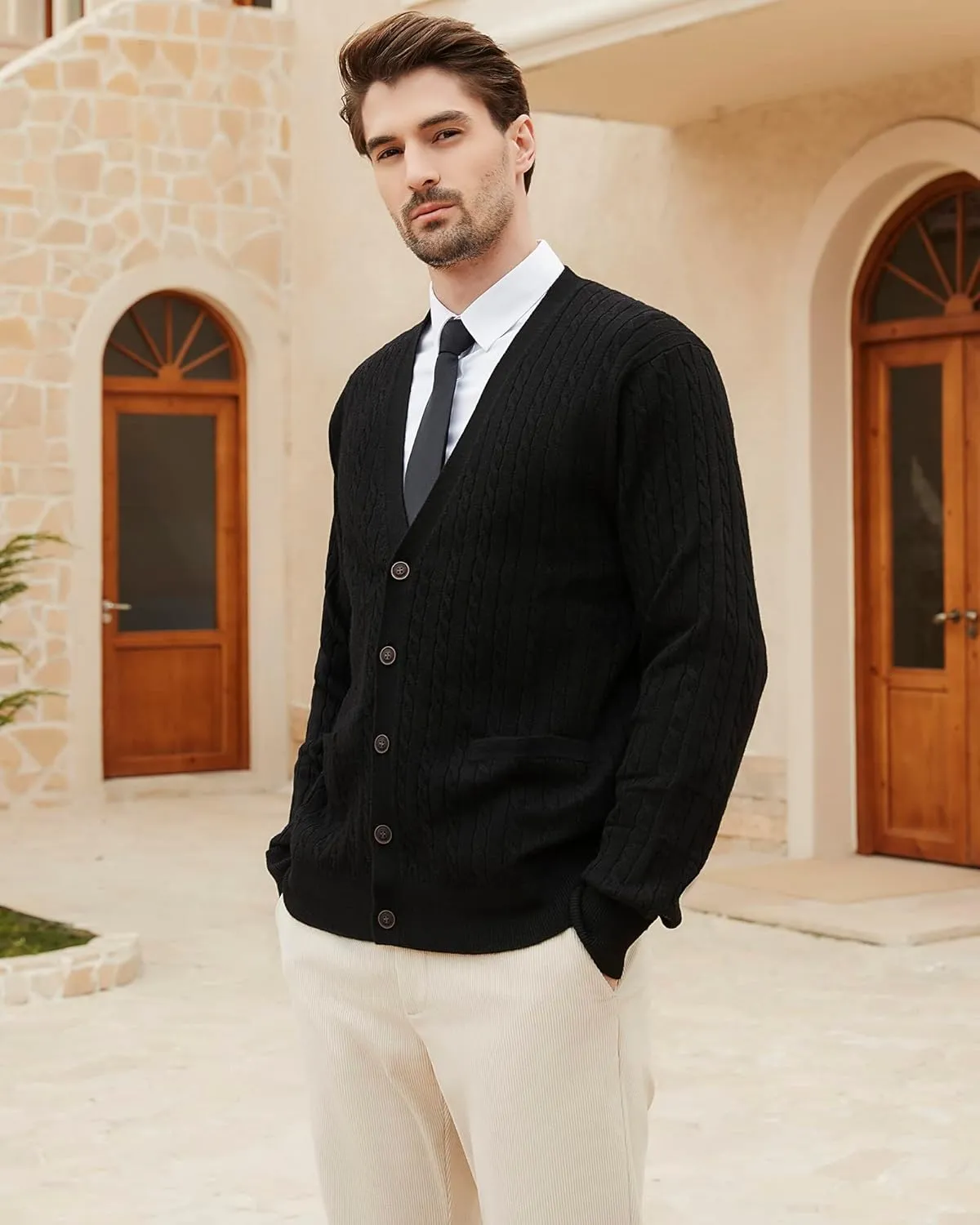 Kallspin Men's Cardigan Sweater Wool Blend Cable Knit V Neck Buttons Cardigan with Pockets