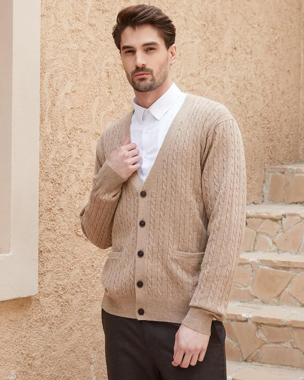 Kallspin Men's Cardigan Sweater Wool Blend Cable Knit V Neck Buttons Cardigan with Pockets