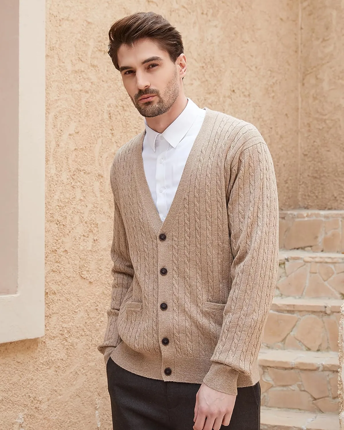 Kallspin Men's Cardigan Sweater Wool Blend Cable Knit V Neck Buttons Cardigan with Pockets