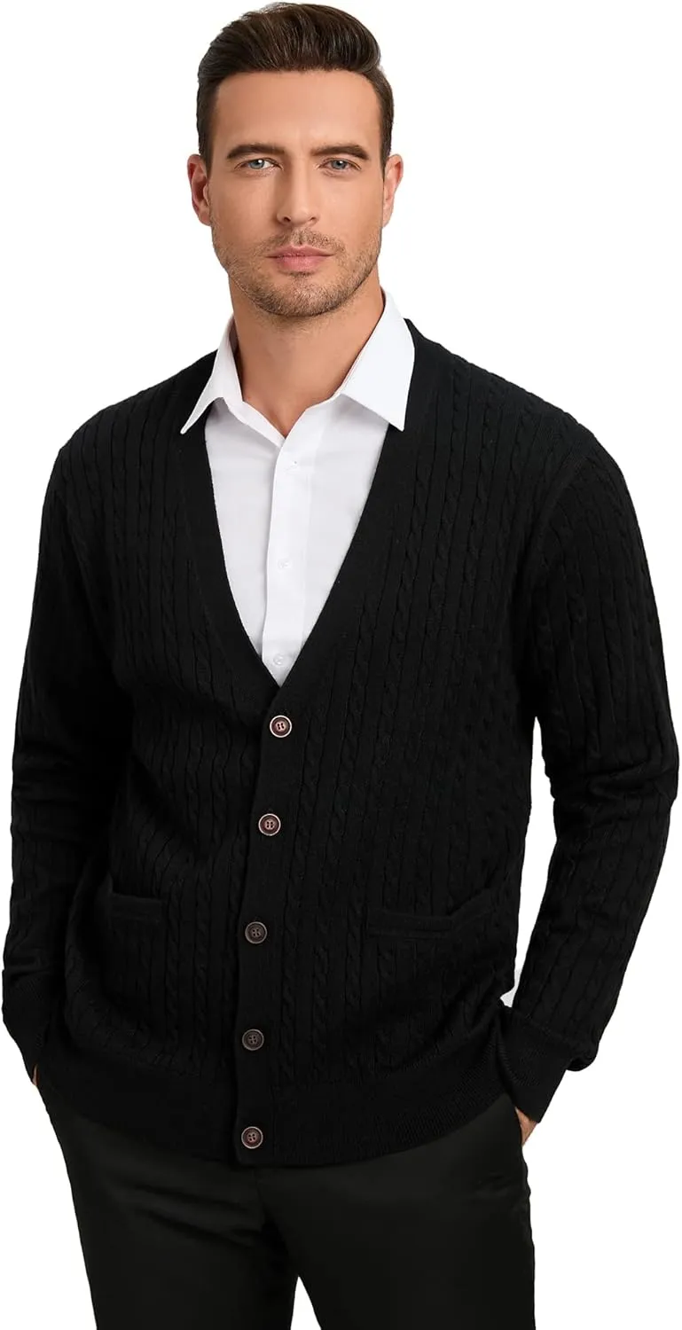 Kallspin Men's Cardigan Sweater Wool Blend Cable Knit V Neck Buttons Cardigan with Pockets