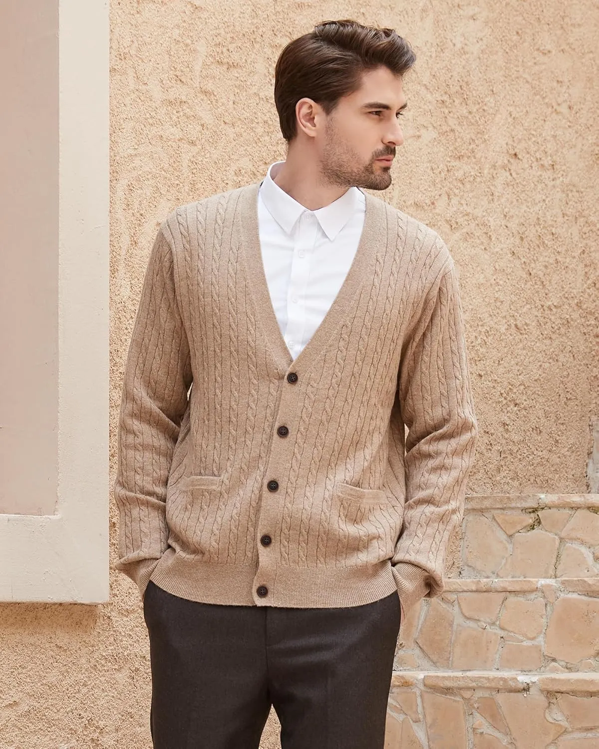 Kallspin Men's Cardigan Sweater Wool Blend Cable Knit V Neck Buttons Cardigan with Pockets