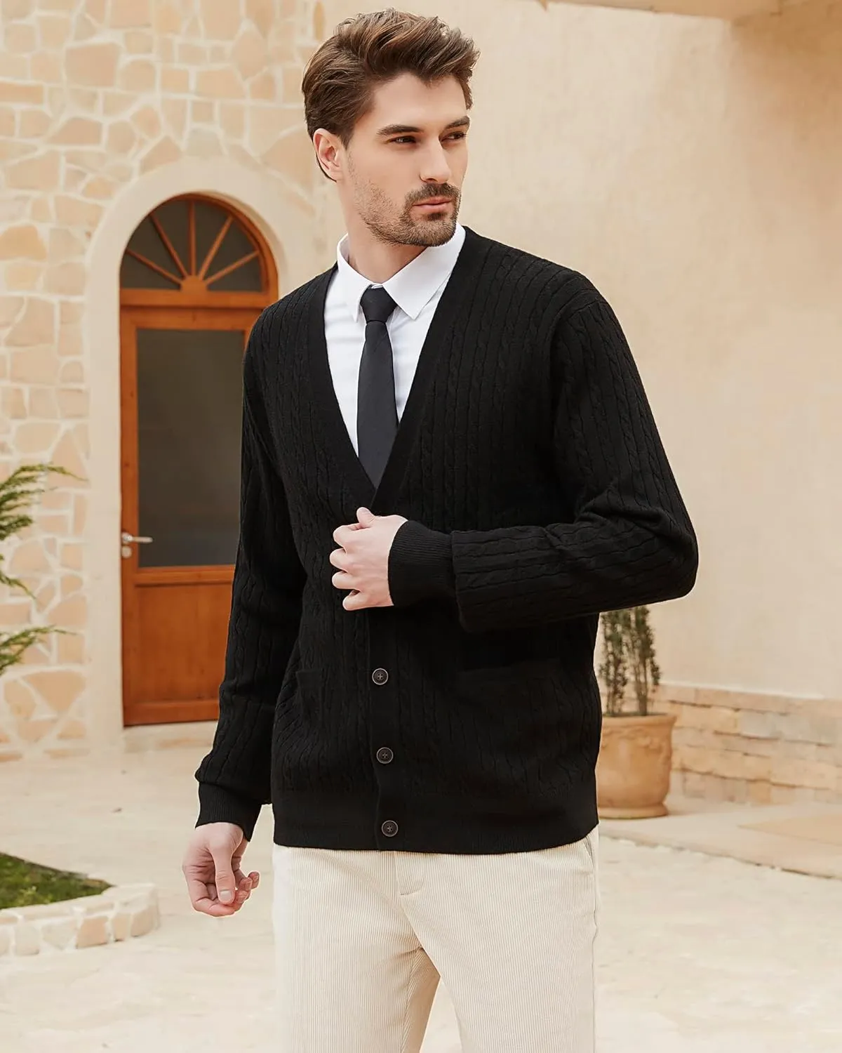 Kallspin Men's Cardigan Sweater Wool Blend Cable Knit V Neck Buttons Cardigan with Pockets