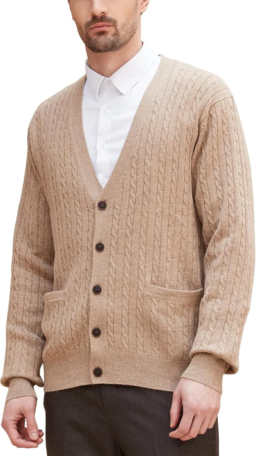 Kallspin Men's Cardigan Sweater Wool Blend Cable Knit V Neck Buttons Cardigan with Pockets