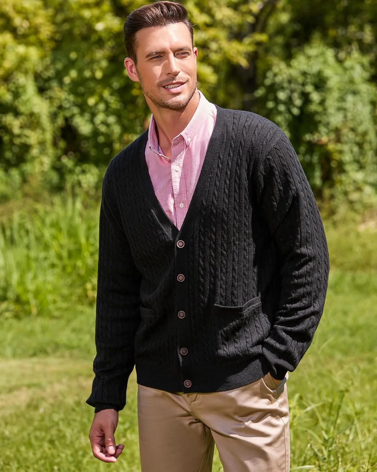 Kallspin Men's Cardigan Sweater Wool Blend Cable Knit V Neck Buttons Cardigan with Pockets