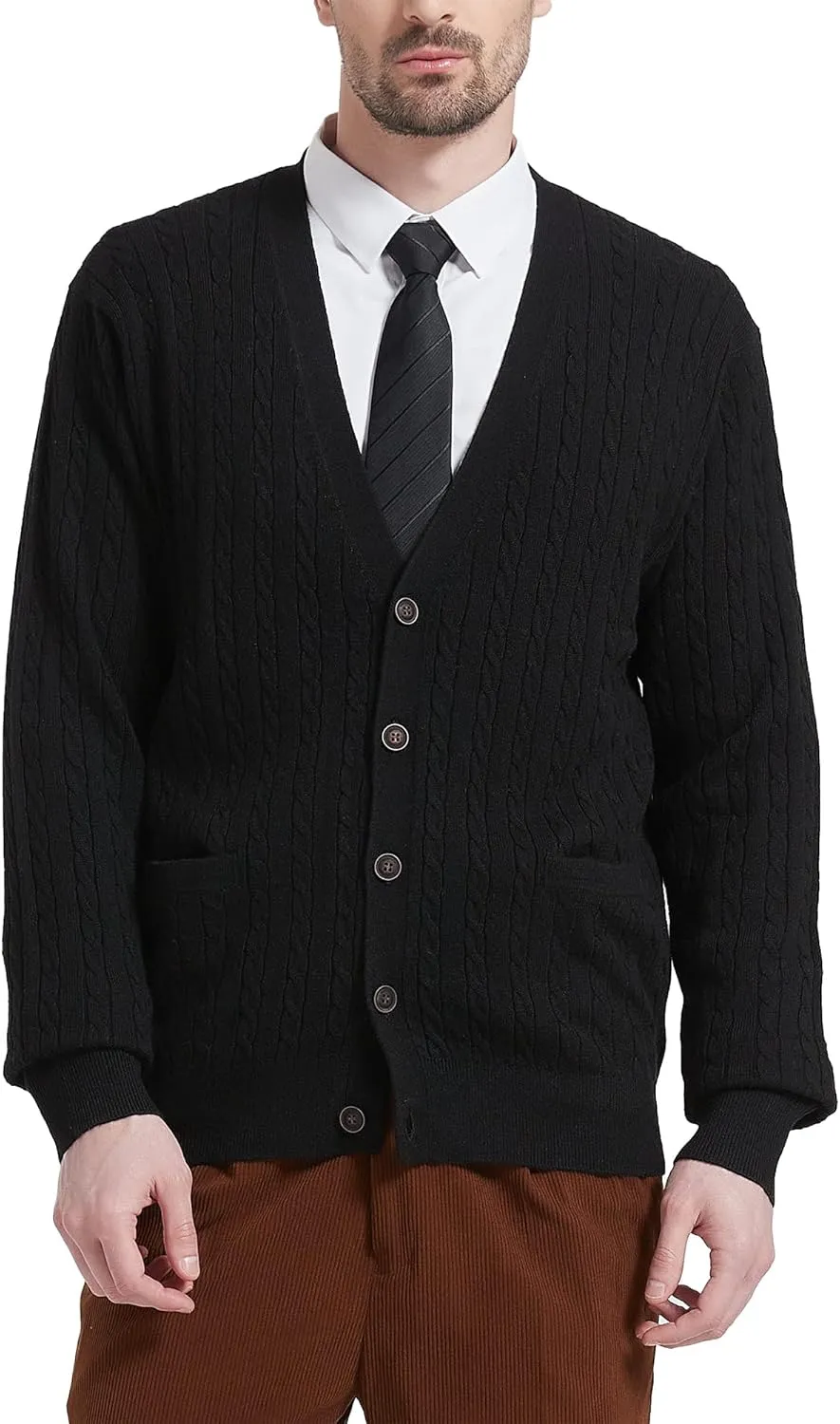 Kallspin Men's Cardigan Sweater Wool Blend Cable Knit V Neck Buttons Cardigan with Pockets