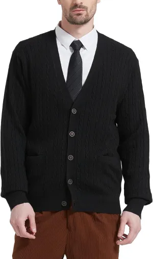 Kallspin Men's Cardigan Sweater Wool Blend Cable Knit V Neck Buttons Cardigan with Pockets