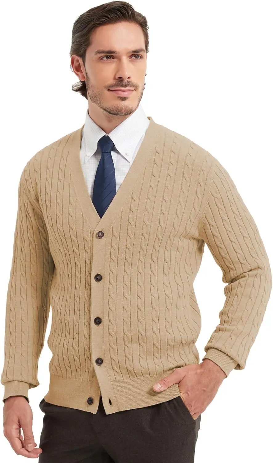 Kallspin Men's Pure Cotton Cable Knit Cardigan V-Neck Sweater Classic Casual Knitwear with Buttons