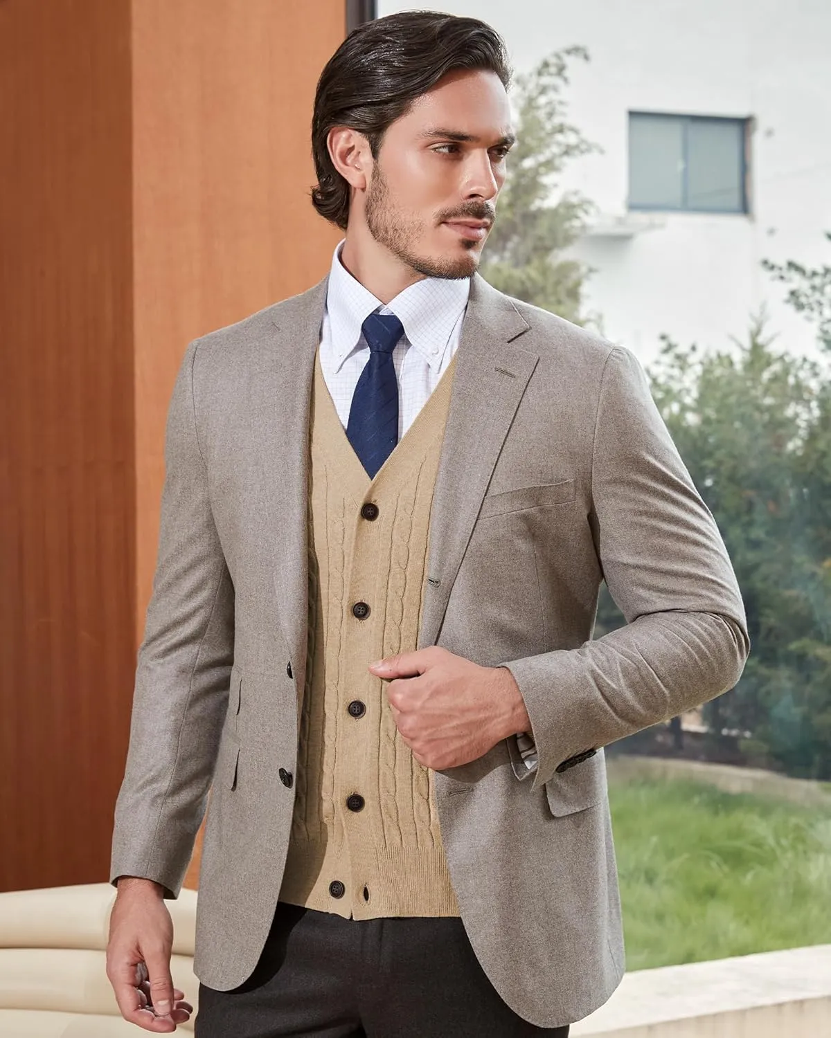 Kallspin Men's Pure Cotton Cable Knit Cardigan V-Neck Sweater Classic Casual Knitwear with Buttons