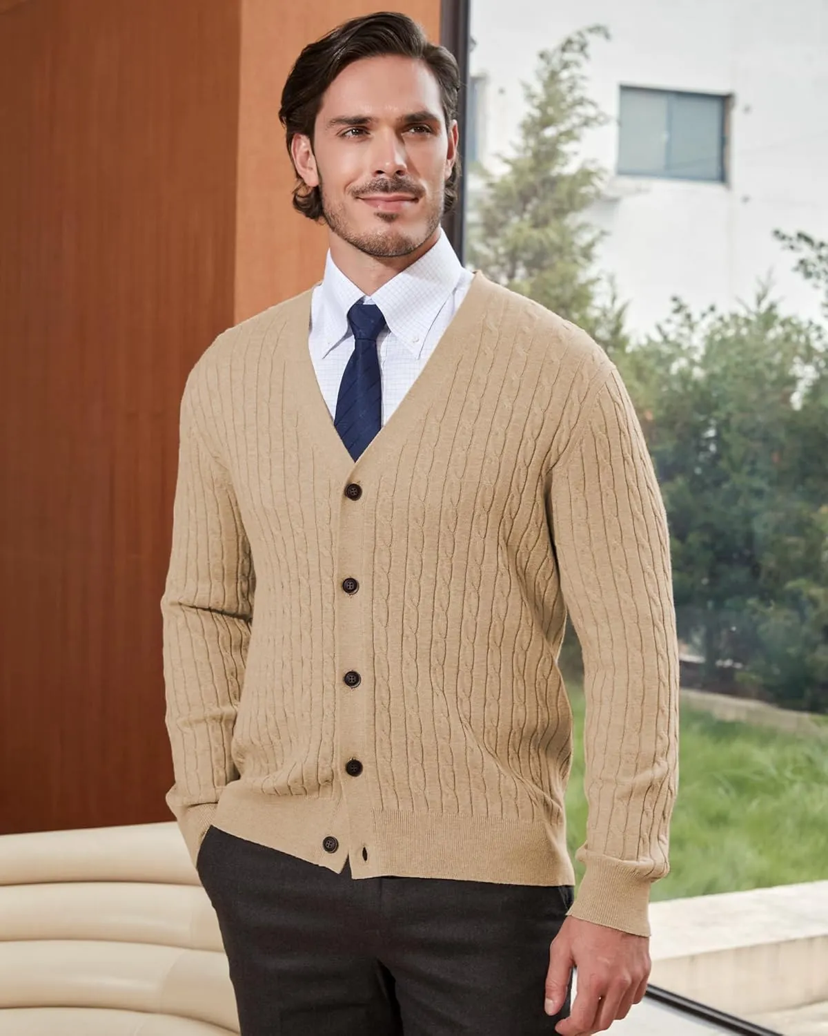 Kallspin Men's Pure Cotton Cable Knit Cardigan V-Neck Sweater Classic Casual Knitwear with Buttons