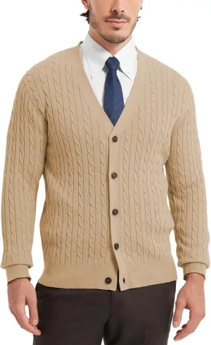Kallspin Men's Pure Cotton Cable Knit Cardigan V-Neck Sweater Classic Casual Knitwear with Buttons