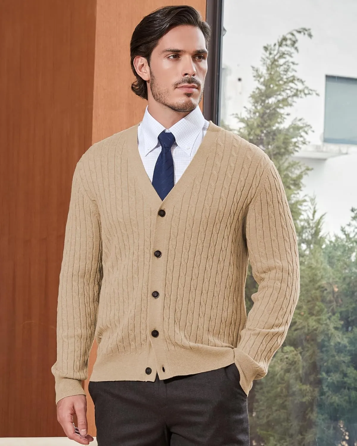 Kallspin Men's Pure Cotton Cable Knit Cardigan V-Neck Sweater Classic Casual Knitwear with Buttons