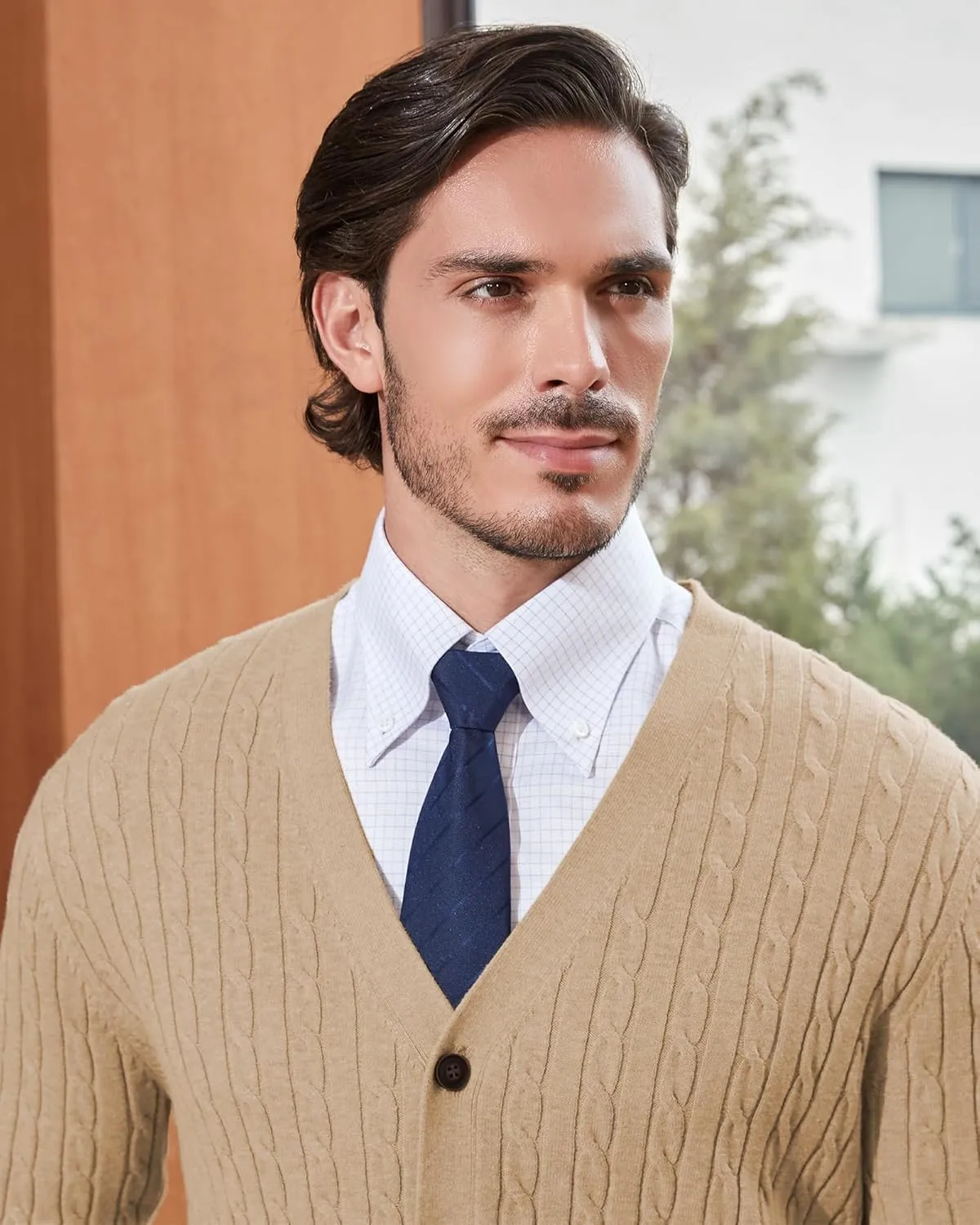 Kallspin Men's Pure Cotton Cable Knit Cardigan V-Neck Sweater Classic Casual Knitwear with Buttons