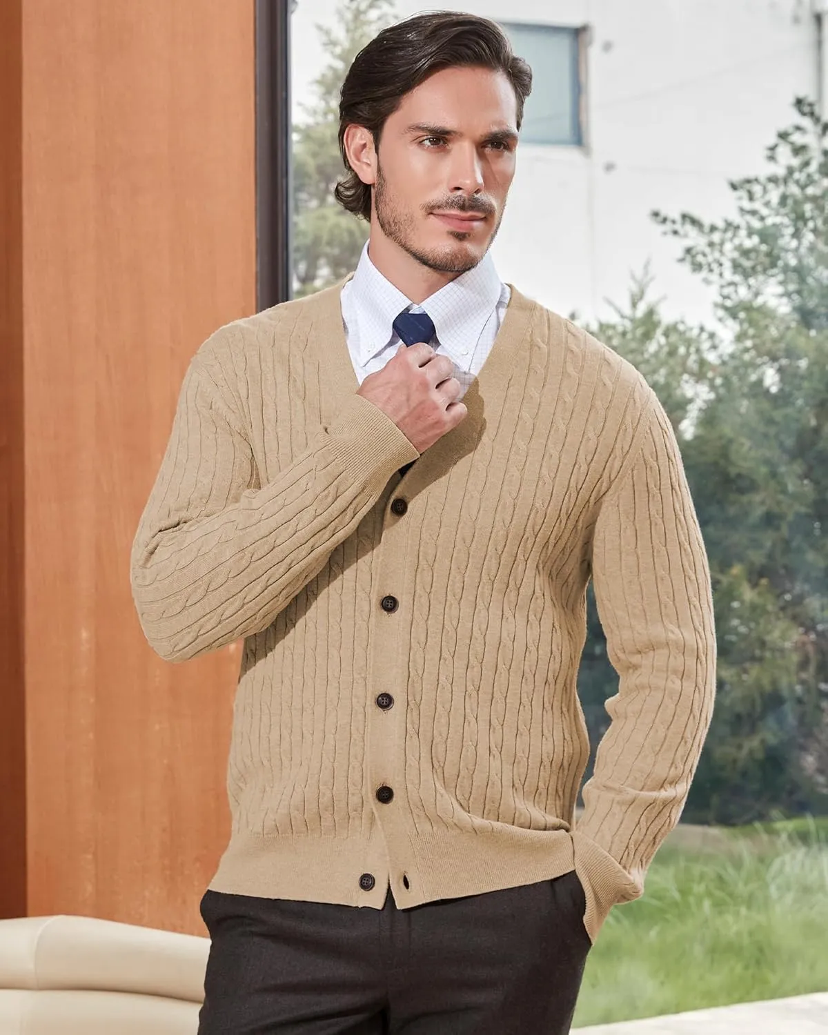 Kallspin Men's Pure Cotton Cable Knit Cardigan V-Neck Sweater Classic Casual Knitwear with Buttons