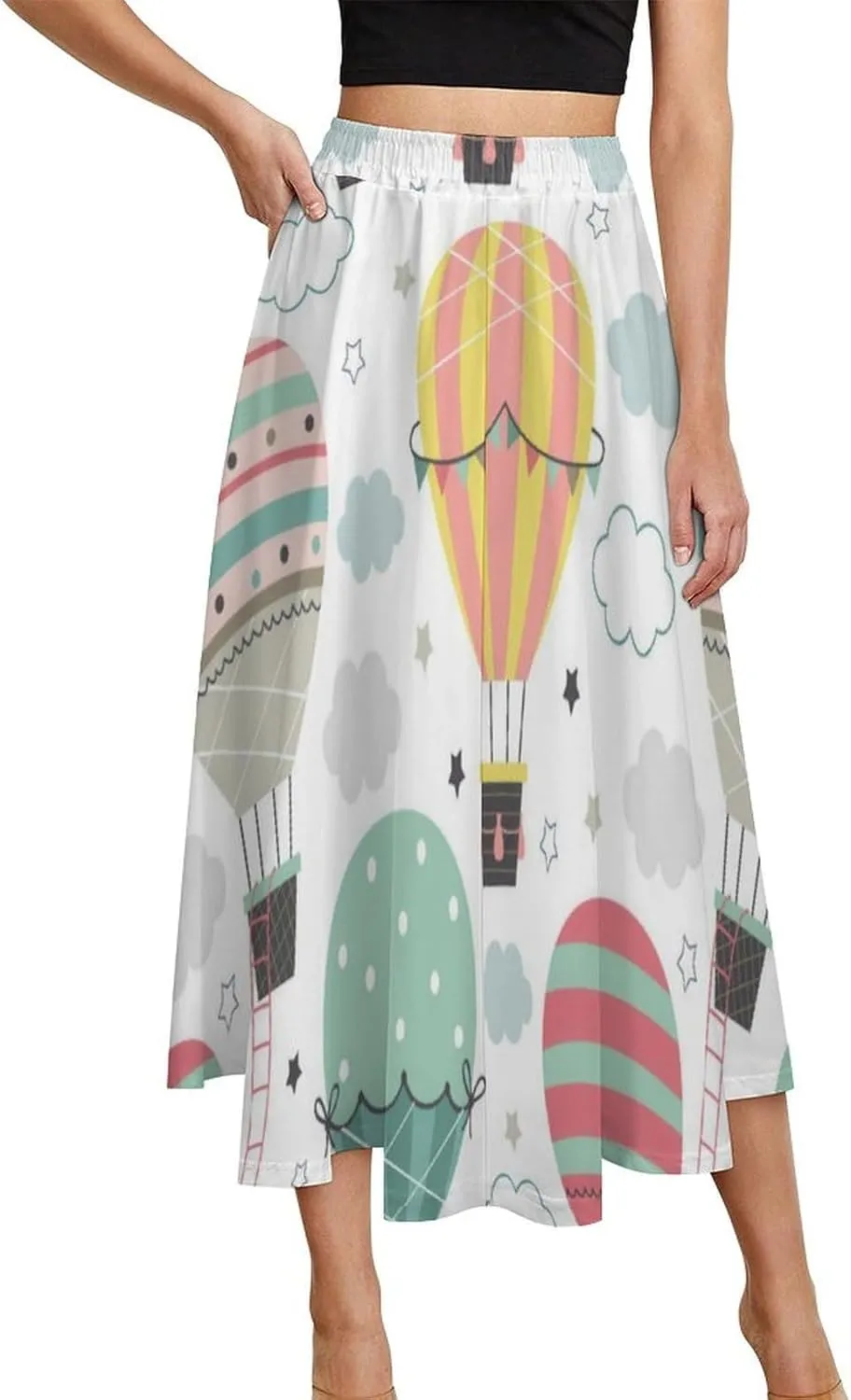 Kawaii Fire Balloon Printed Midi Skirt High Elastic Waist Ruffle Flowy Office Skirts