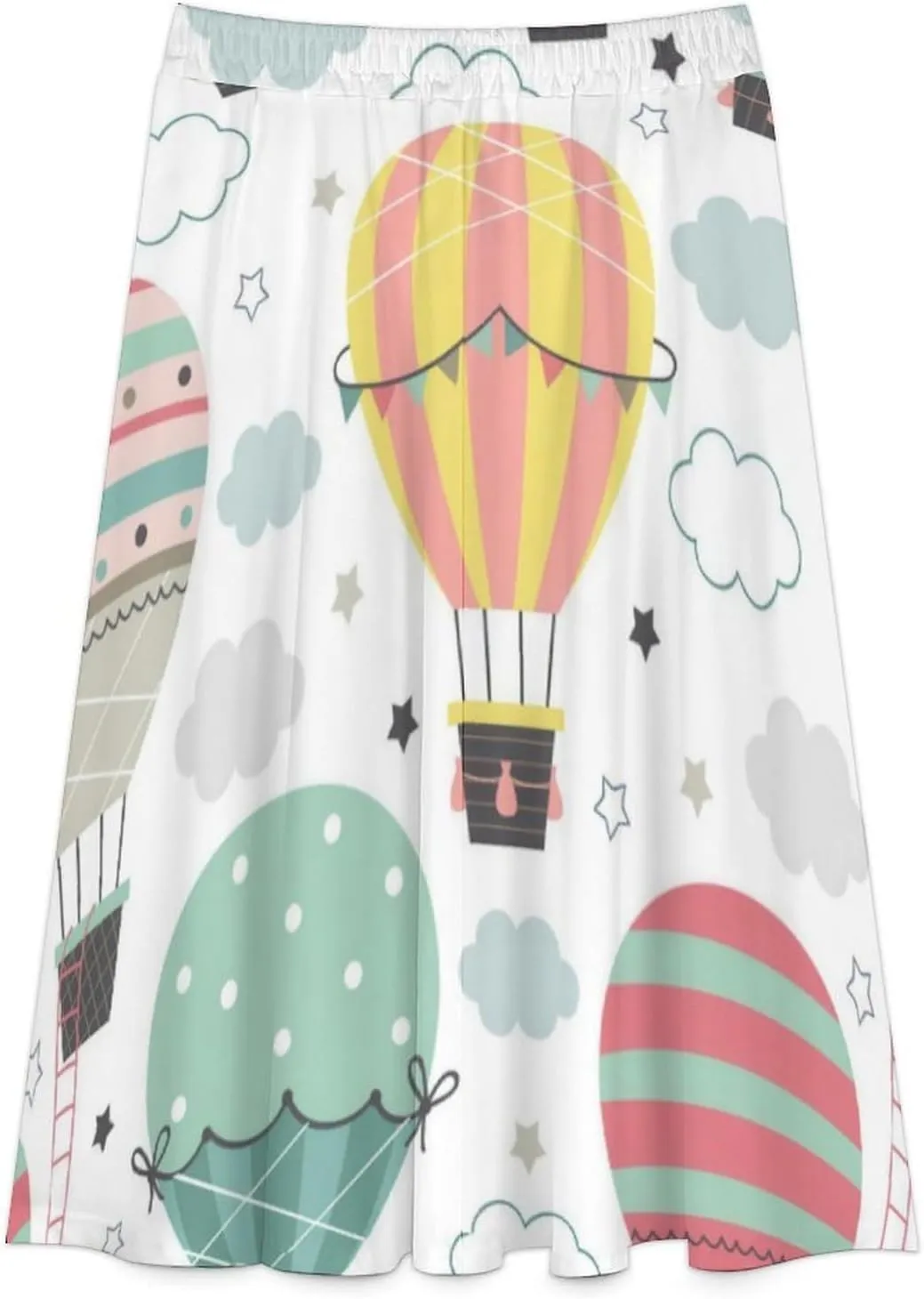 Kawaii Fire Balloon Printed Midi Skirt High Elastic Waist Ruffle Flowy Office Skirts