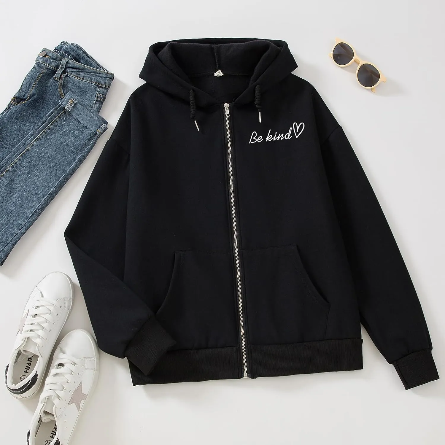 KIEKIECOO Oversized Full Zip Up Hoodies for Women Be Kind Graphic Jacket Light Weight Fall Zipper Sweatshirts Loose Fit