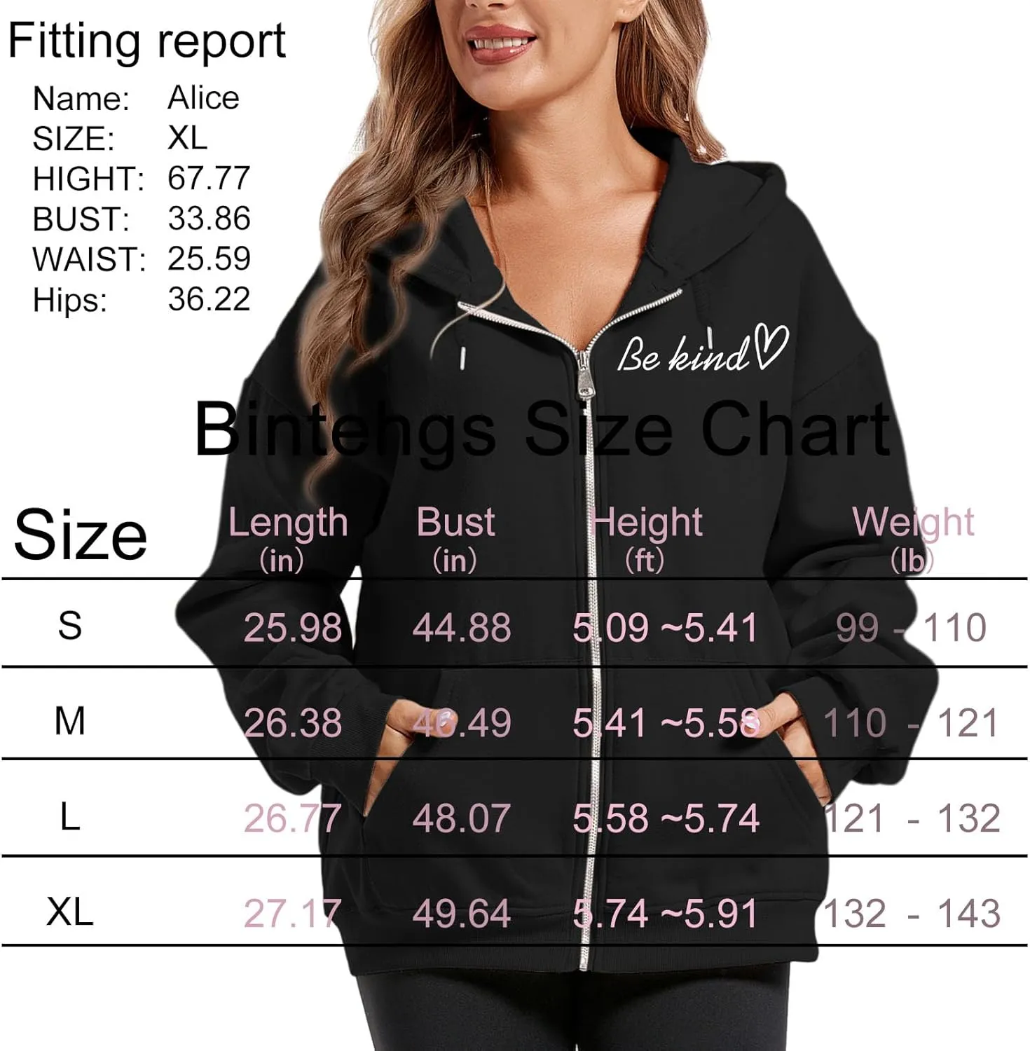 KIEKIECOO Oversized Full Zip Up Hoodies for Women Be Kind Graphic Jacket Light Weight Fall Zipper Sweatshirts Loose Fit