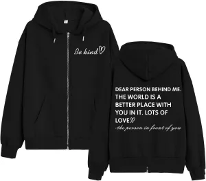 KIEKIECOO Oversized Full Zip Up Hoodies for Women Be Kind Graphic Jacket Light Weight Fall Zipper Sweatshirts Loose Fit