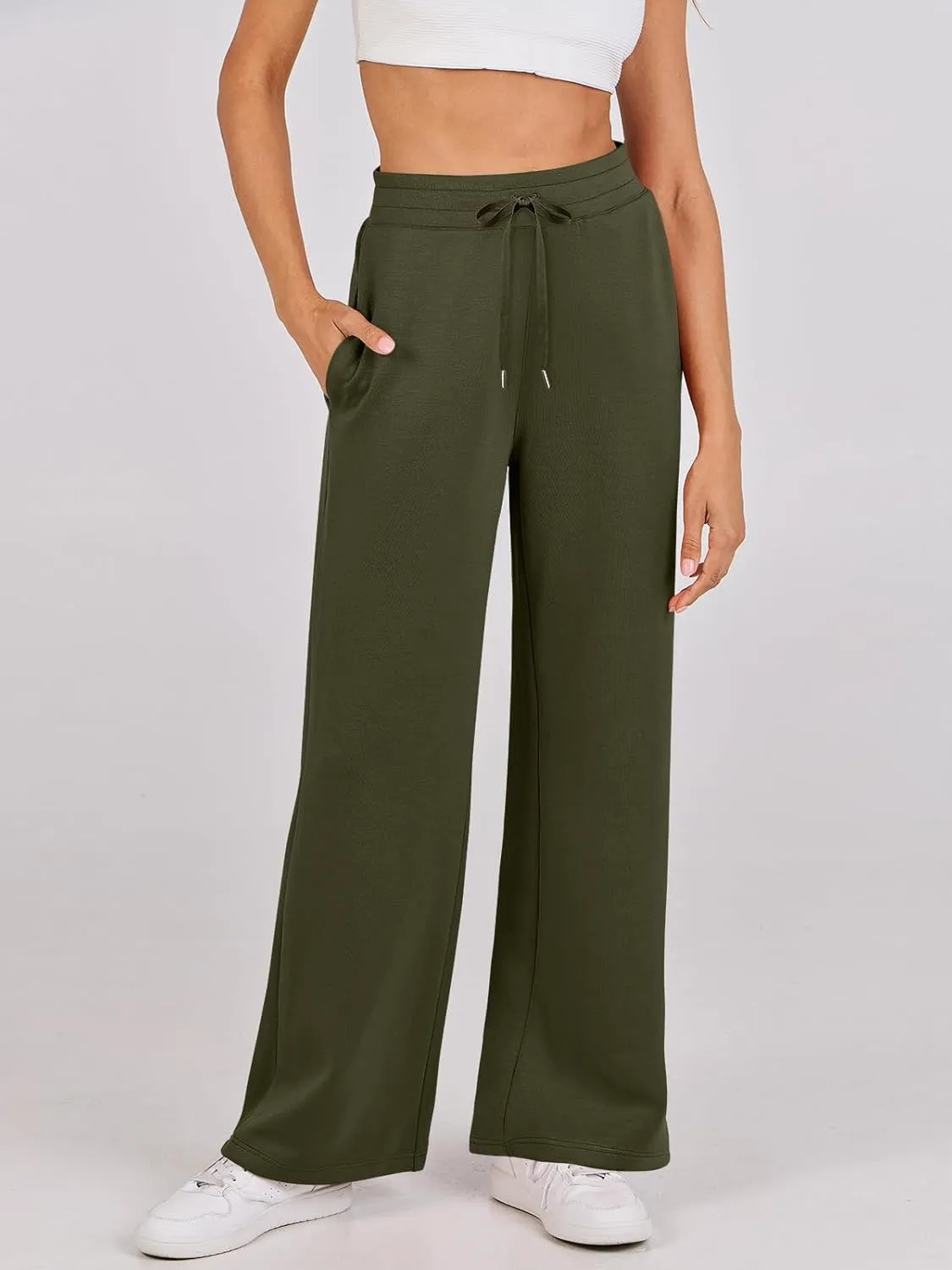 Kubbon Wide Leg Pants for Women High Waist Trousers Adjustable Knotted Comfy Loose Sweatpants Summer Casual Jogging Pants