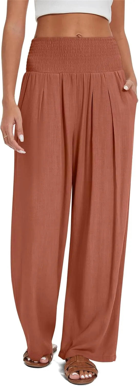 Kubbon Women's Linen Palazzo Pants Wide Leg High-Waist Yoga Sweatpants Casual Flowy Sport Loose Beach Trousers with Pockets