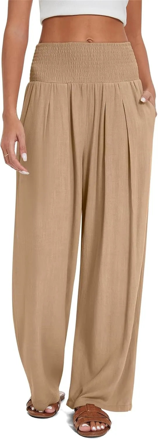 Kubbon Women's Linen Palazzo Pants Wide Leg High-Waist Yoga Sweatpants Casual Flowy Sport Loose Beach Trousers with Pockets