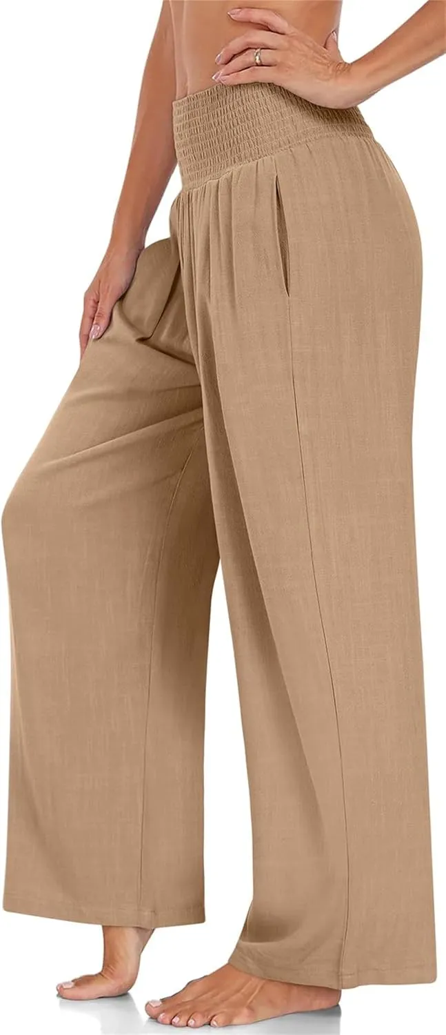 Kubbon Women's Linen Palazzo Pants Wide Leg High-Waist Yoga Sweatpants Casual Flowy Sport Loose Beach Trousers with Pockets
