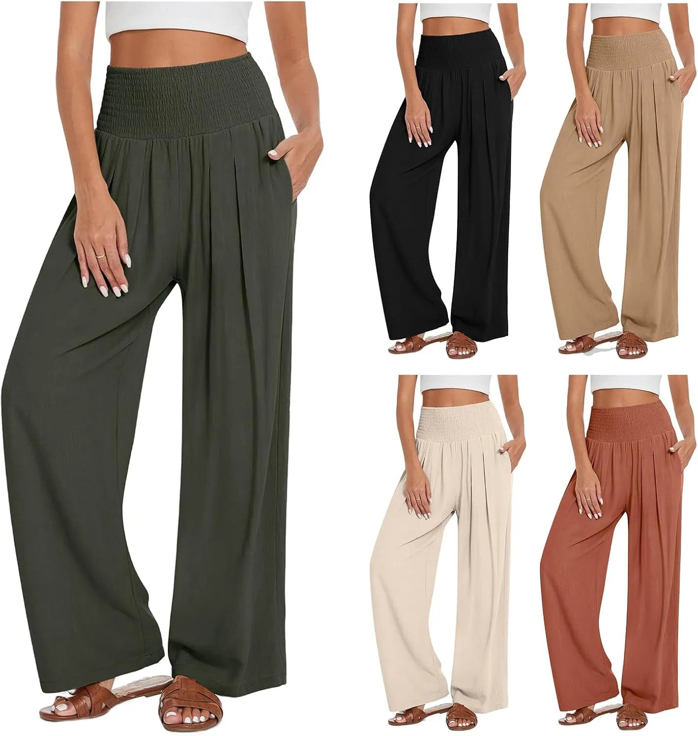 Kubbon Women's Linen Palazzo Pants Wide Leg High-Waist Yoga Sweatpants Casual Flowy Sport Loose Beach Trousers with Pockets