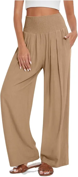 Kubbon Women's Linen Palazzo Pants Wide Leg High-Waist Yoga Sweatpants Casual Flowy Sport Loose Beach Trousers with Pockets