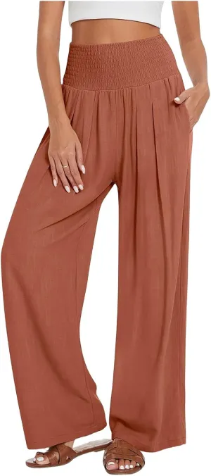Kubbon Women's Linen Palazzo Pants Wide Leg High-Waist Yoga Sweatpants Casual Flowy Sport Loose Beach Trousers with Pockets