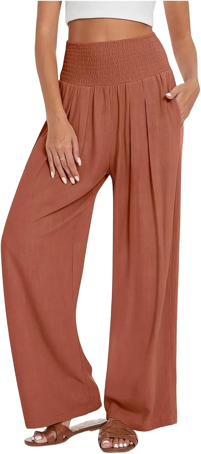 Kubbon Women's Linen Palazzo Pants Wide Leg High-Waist Yoga Sweatpants Casual Flowy Sport Loose Beach Trousers with Pockets