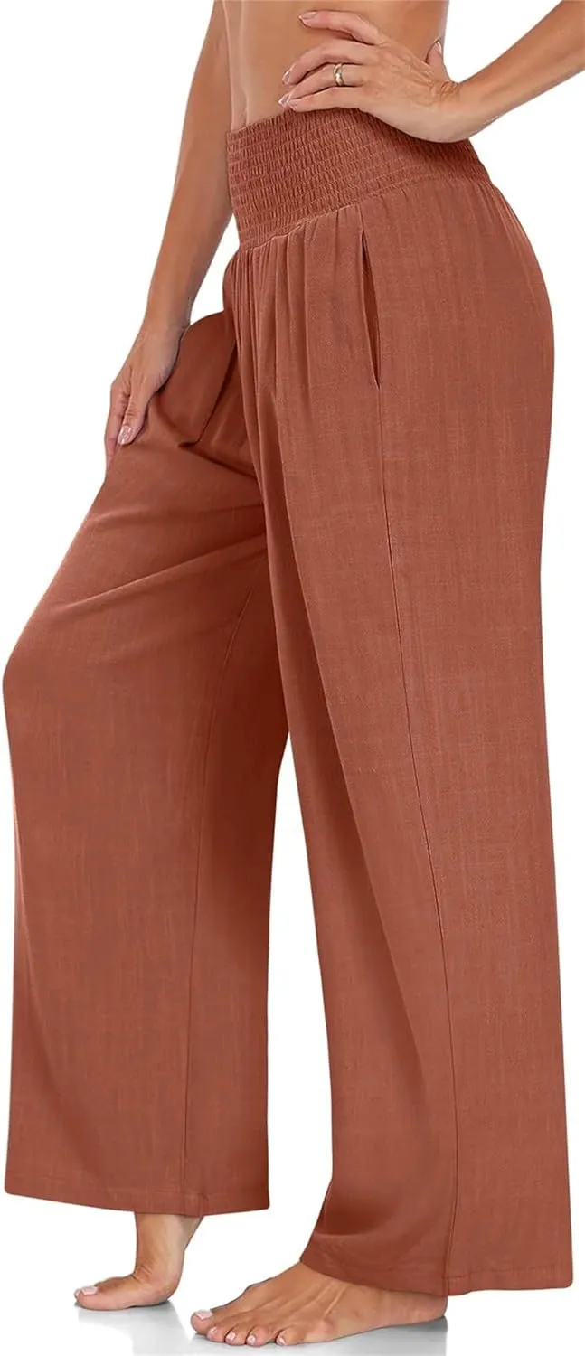 Kubbon Women's Linen Palazzo Pants Wide Leg High-Waist Yoga Sweatpants Casual Flowy Sport Loose Beach Trousers with Pockets