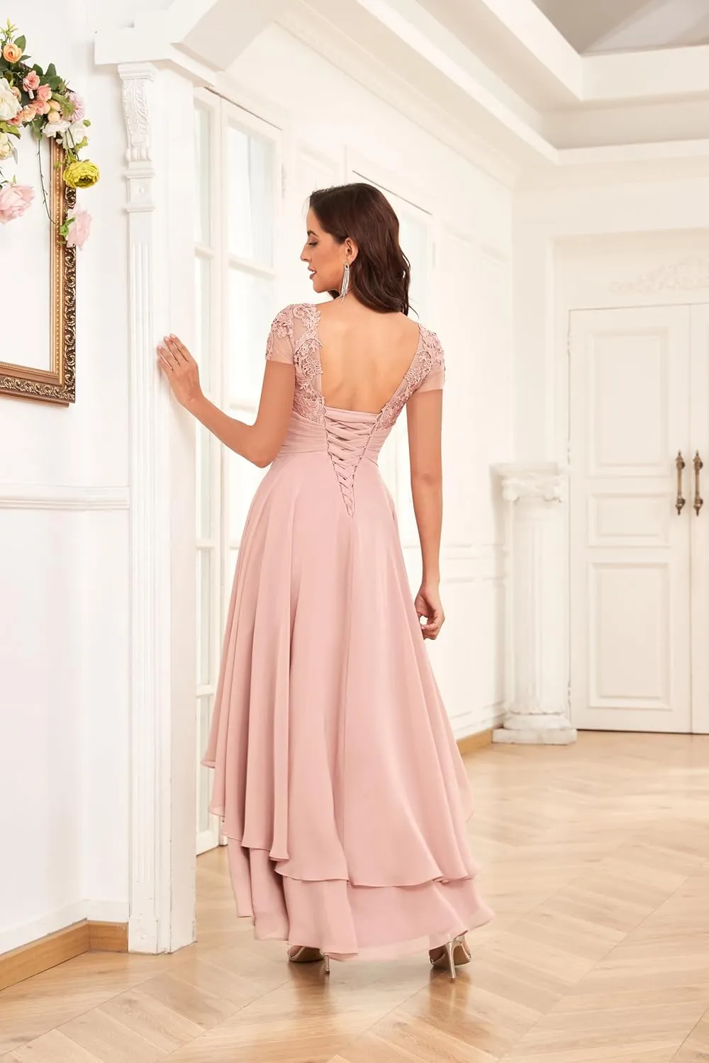 Lace Applique Mother of The Bride Dresses for Wedding Tea Length Chiffon A Line Formal Evening Gown